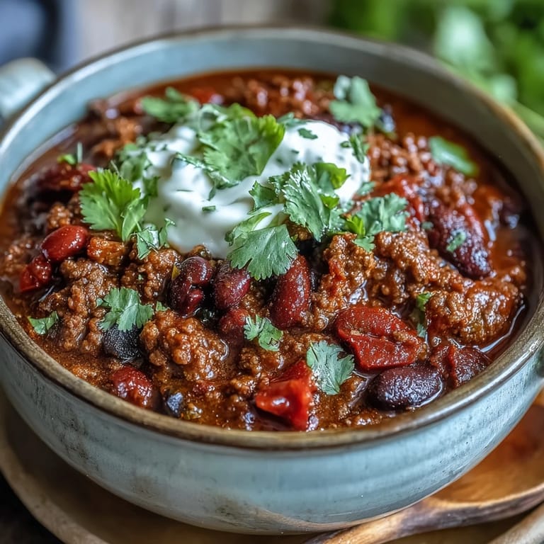 Steam rising from a ladle of hearty Slow Cooker Chili with deep red sauce and diced bell peppers.