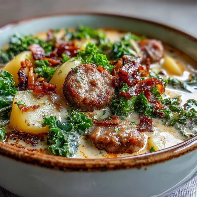 A rustic bowl of Italian Sausage Soup beside crusty bread, ready to enjoy.