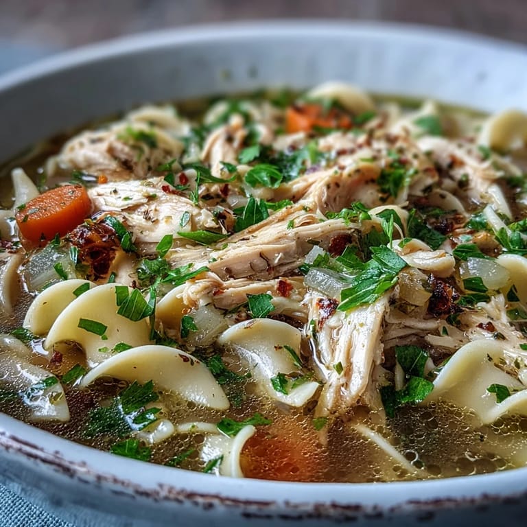 A comforting ladle of Instant Pot Chicken Noodle Soup shows juicy chicken, celery, and chopped parsley garnish.