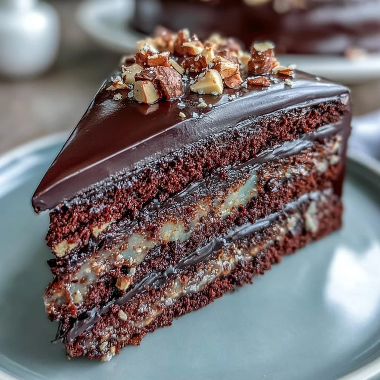 Decadent Chocolate Celebration Cake with olive oil layers, dark chocolate ganache, and hazelnut praline shards.