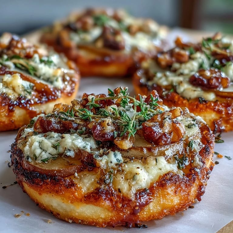 Mini Pear, Gorgonzola, and Pickled Walnut Pizzettes served warm with arugula and honey drizzle.