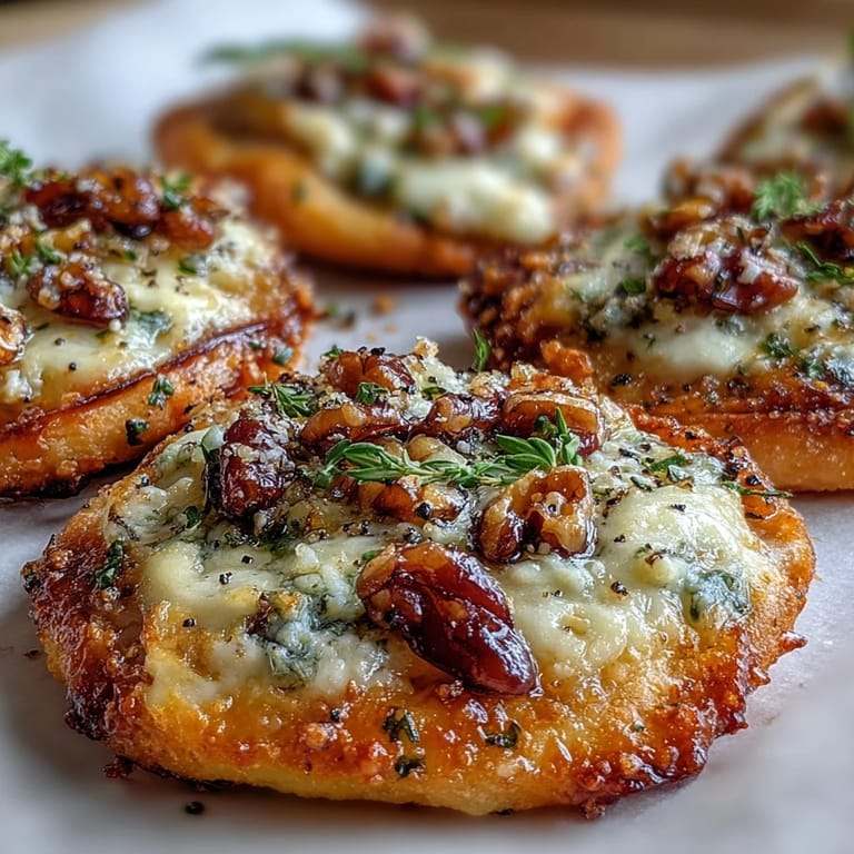 Freshly baked Pear, Gorgonzola, and Pickled Walnut Pizzettes with melted cheese on a crisp crust.