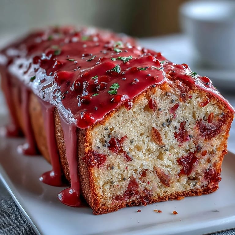 The top view of a Blood Orange Loaf Cake shows a crackled golden crust drizzled with sweet, ruby-red blood orange glaze.