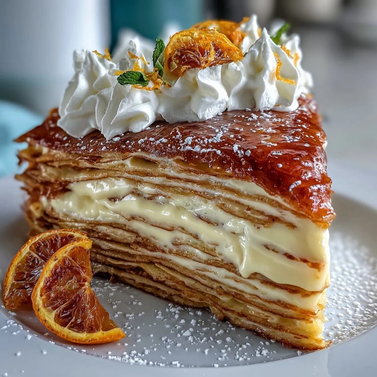 A slice of Blood Orange Curd Crêpe Cake shows alternating orange and white layers on a marble counter, ready to serve.
