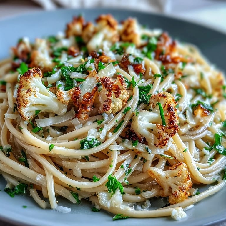 Plated Cauliflower, Anchovy and Raisin Spaghetti features tender florets and golden noodles, perfect for a quick low-calorie weeknight meal.