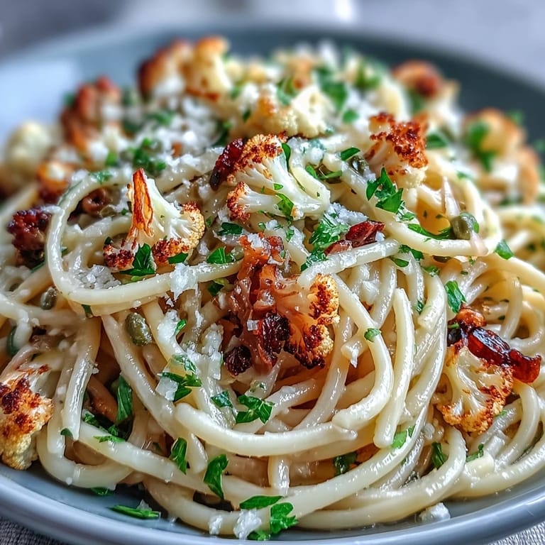 This vibrant Cauliflower, Anchovy and Raisin Spaghetti is garnished with fresh parsley and lemon zest, served al dente in a bowl.