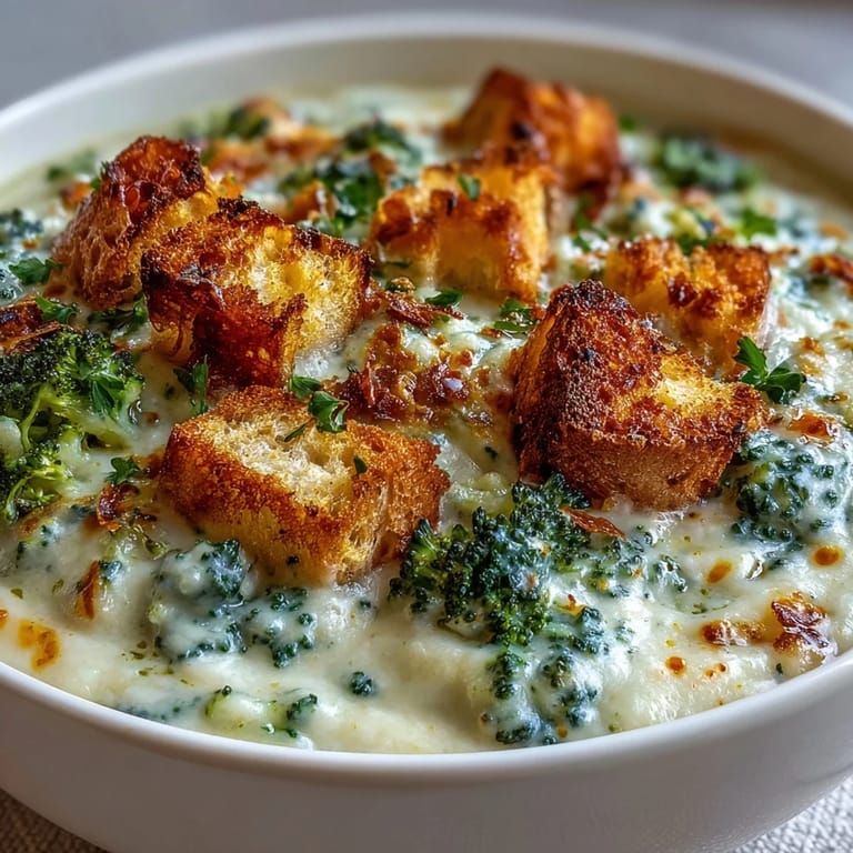 Vibrant green cauliflower and broccoli soup in a white bowl, finished with garlic croutons and a drizzle of olive oil.