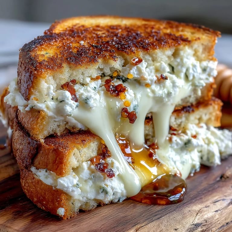 Buttery crust of a Goat Cheese Grilled Cheese with Honey & Chili Flakes served beside a small salad.