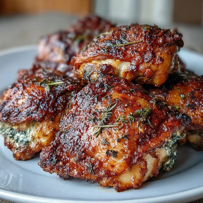 Close-up photo of smoky spice rubbed crispy baked bone-in chicken thighs with glistening, perfectly rendered skin and succulent dark meat ready to be served.