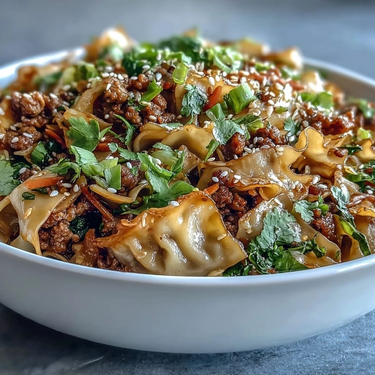 Savory Potsticker Noodle Bowls topped with browned pork, crisp veggies, and a glossy sauce.