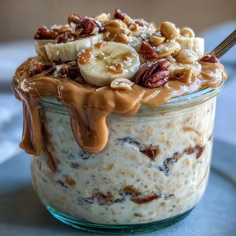 Thick peanut butter overnight oats in a portable jar with a spoon, ready for a high-protein, grab-and-go breakfast.
