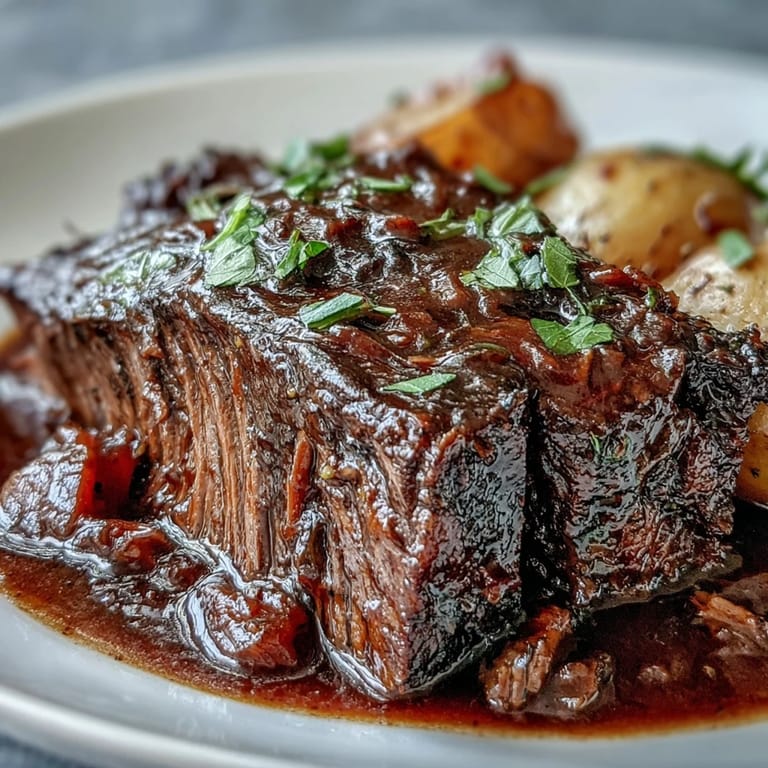 Sliced Beef Pot Roast plated with celery and herbs, served alongside buttery mashed potatoes.