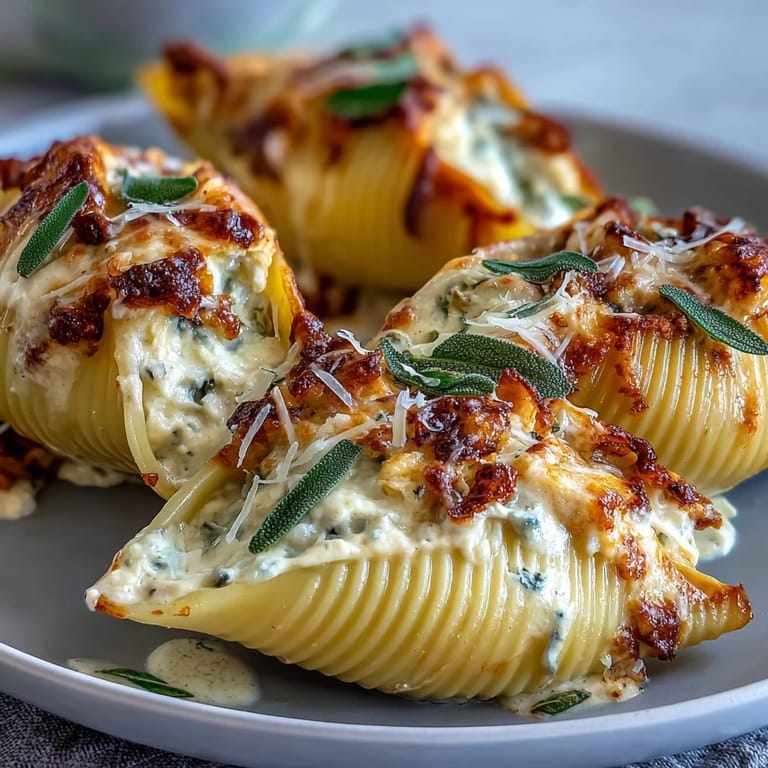 Fork-ready Pumpkin & Gouda Stuffed Shells drizzled with creamy brown butter sage Alfredo, perfect for a cozy autumn dinner.