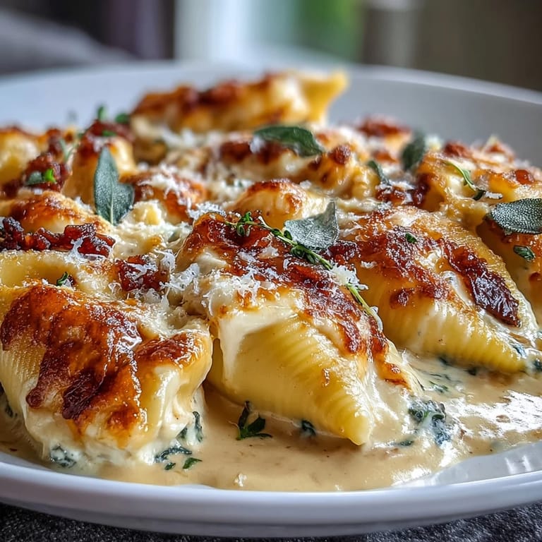 Freshly baked Pumpkin & Gouda Stuffed Shells in a white dish, garnished with sage and ready to serve family-style.