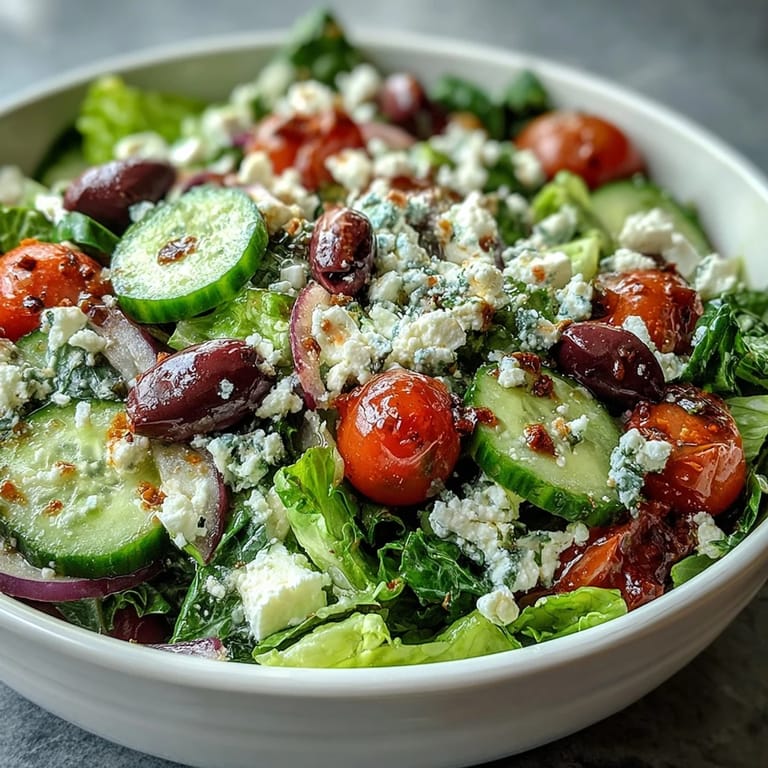 Vibrant Greek Salad Bowl featuring crunchy cucumbers, briny Kalamata olives, and tangy red onion. 