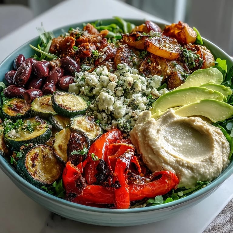 A creamy dollop of hummus and zesty tahini dressing finish this hearty Vegan Mediterranean Buddha Bowl with greens and chickpeas.