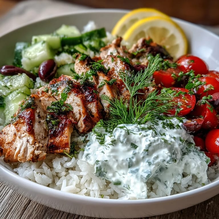 Plated Greek Chicken Bowl topped with briny Kalamata olives and bright lemon wedges.