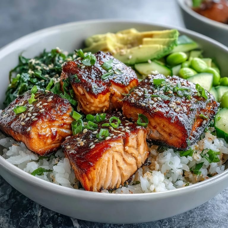 Fluffy steamed rice and crisp fresh vegetables fill a bowl for this Baked Salmon Rice Bowl, topped with sliced avocado and drizzled with creamy sriracha mayo.