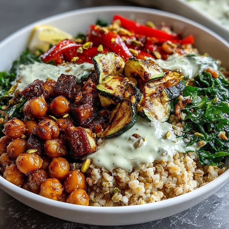 A close-up of Mediterranean Buddha Bowl Meal Prep shows fluffy bulgur with pistachios, steamed kale, and warm chickpeas ready for healthy weekly lunches.