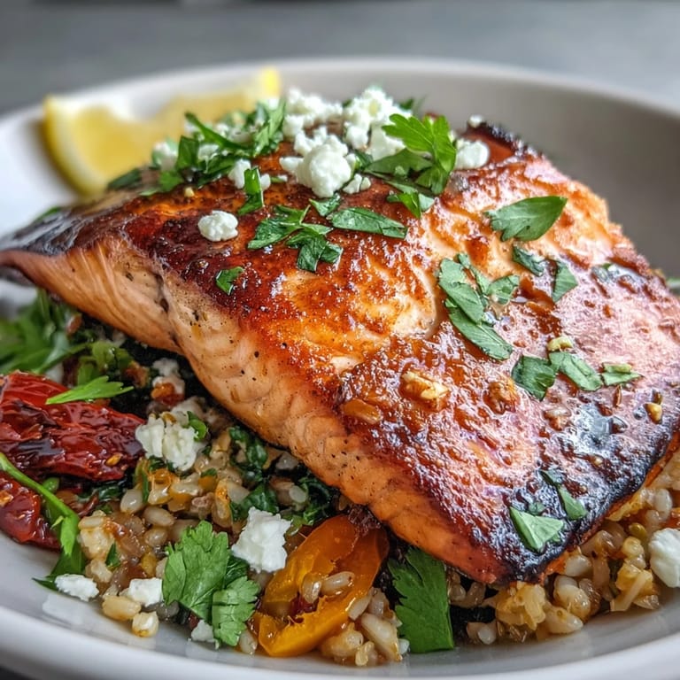 A Mediterranean Salmon Bowl with flaky salmon, golden crispy rice, colorful veggies, and a squeeze of fresh lemon, served ready to eat.
