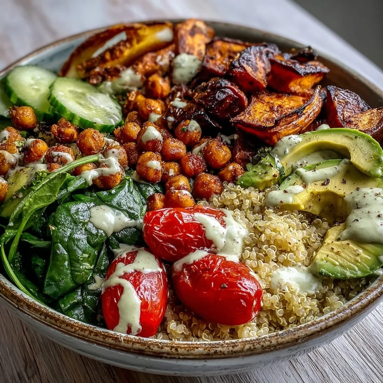 An overhead view of a healthy Buddha Bowl with Quinoa, loaded with fresh cucumber, juicy cherry tomatoes, sliced avocado, and purple cabbage on a rustic wooden table.