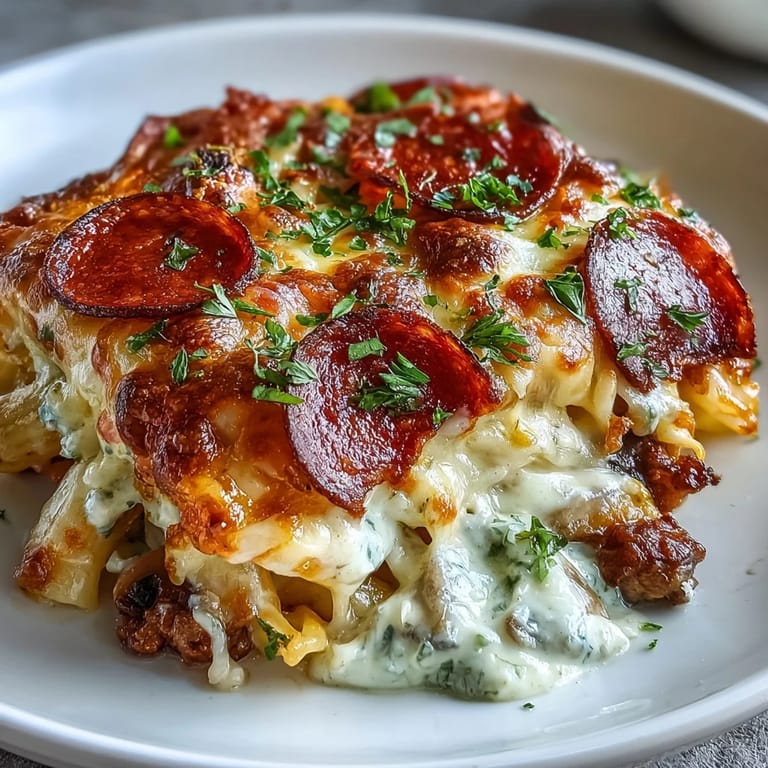 Creamy High-Protein Pizza Pasta Bake served warm in a baking dish, garnished with fresh basil.