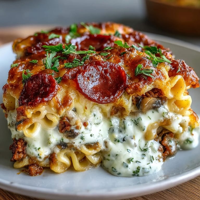 Sliced High-Protein Pizza Pasta Bake revealing layers of pasta, lean beef, and gooey mozzarella inside.