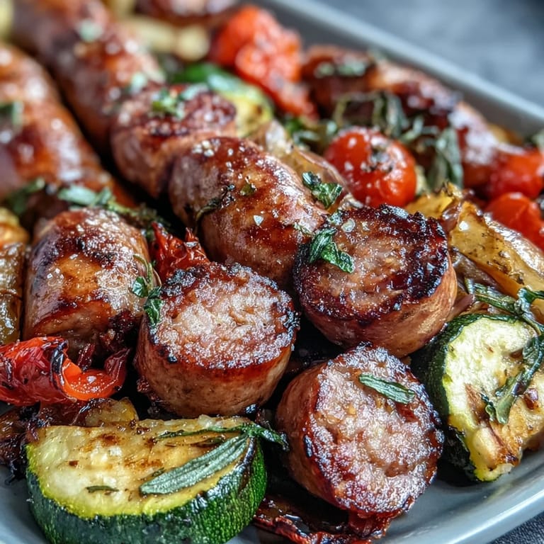 Smoky Sheet Pan Sausage & Veggies with Naan on a platter garnished with fresh parsley and lemon wedges, perfect for an easy weeknight dinner.