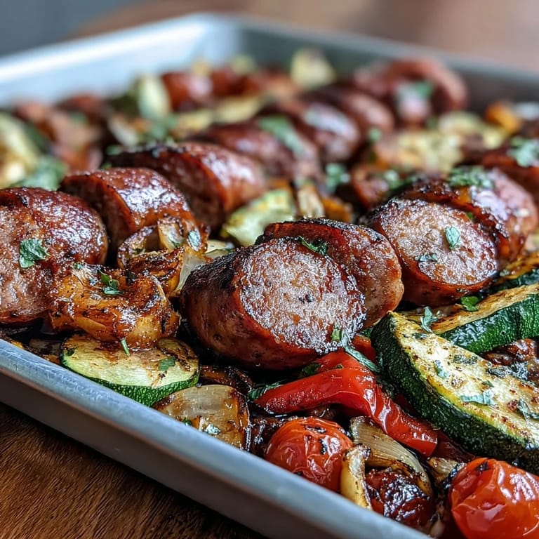 Close-up of roasted Smoky Sheet Pan Sausage & Veggies with Naan, showing slightly charred edges and colorful vegetables alongside soft garlic naan.