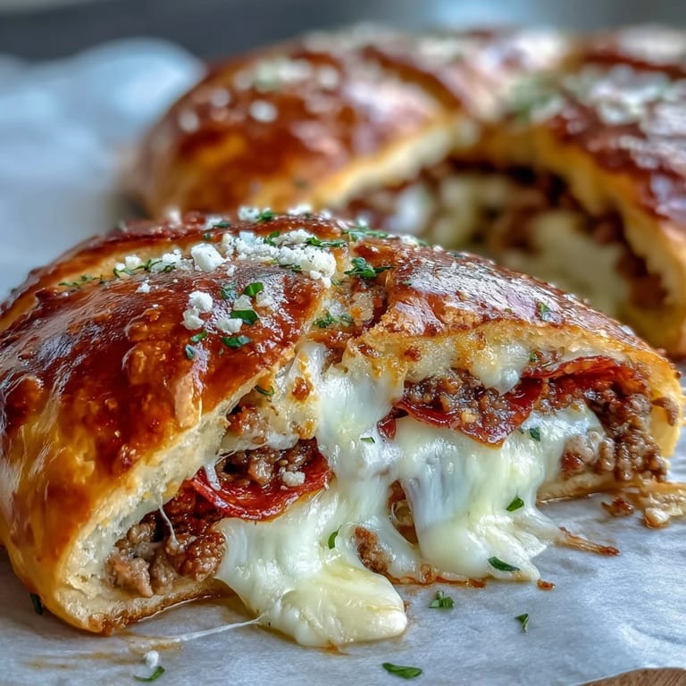 Sliced Baked High-Protein Pepperoni Stromboli revealing melted mozzarella and savory beef layers, ready to be dipped in sauce.
