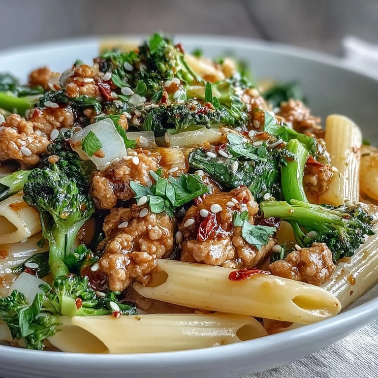 One-pan Sweet & Spicy Turkey Broccoli Pasta tossed with red peppers and sauce.