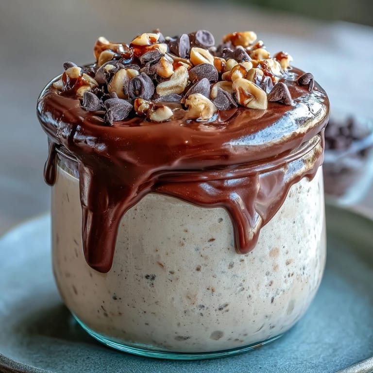 Protein-packed Peanut Butter Cup Overnight Oats topped with chopped peanuts and chocolate chips for a crunchy, sweet breakfast.