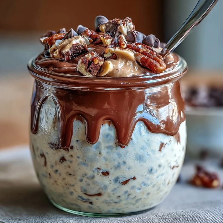 Healthy Peanut Butter Cup Overnight Oats in a jar, prepped in minutes with Greek yogurt, peanut butter, and cocoa.