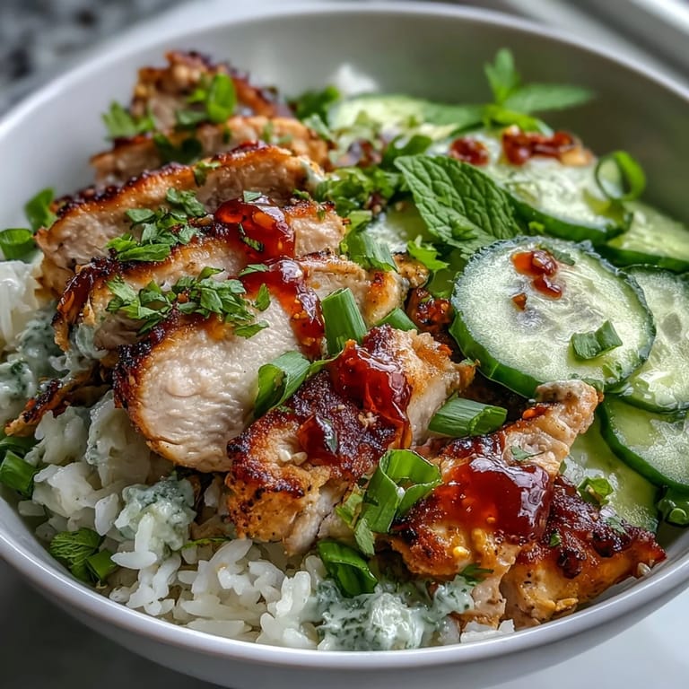 A vibrant TikTok Chili-Crisp Cucumber Chicken Bowl showcases fluffy rice, juicy chicken, and a generous drizzle of spicy chili crisp for a flavorful weeknight meal.
