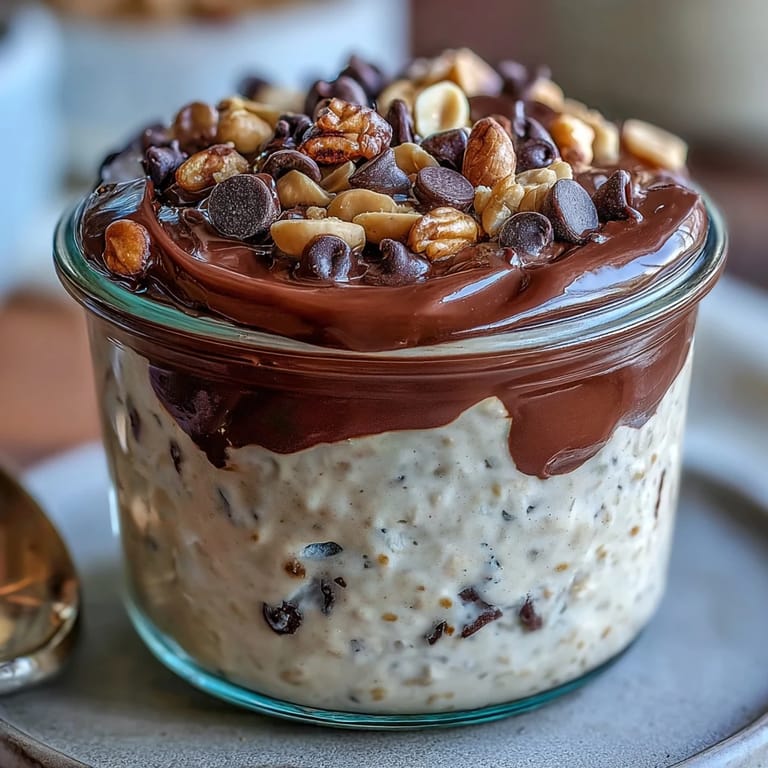 Protein-packed Peanut Butter Cup Overnight Oats topped with chopped peanuts and chocolate chips for a crunchy, sweet breakfast.
