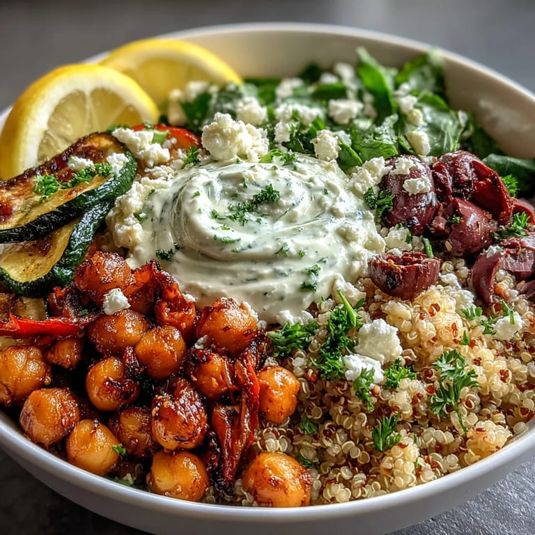 Vibrant vegetarian Mediterranean Buddha Bowl topped with Kalamata olives, crumbled feta, and fresh parsley.