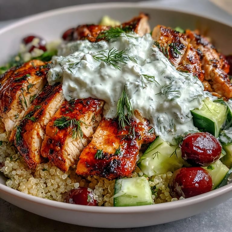 Vibrant Greek Chicken Power Bowl featuring tender lemon-marinated chicken over quinoa with crisp cucumber, tomatoes, and rich tzatziki.