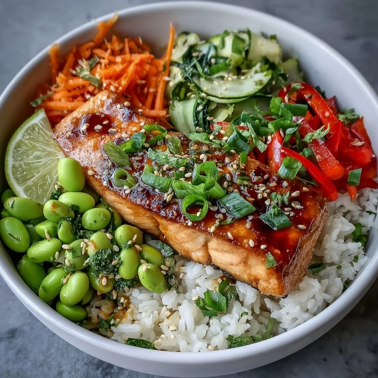 Healthy Asian fusion salmon bowl featuring tender baked salmon, steamed rice, fresh julienned veggies, and a drizzle of savory soy-ginger glaze.