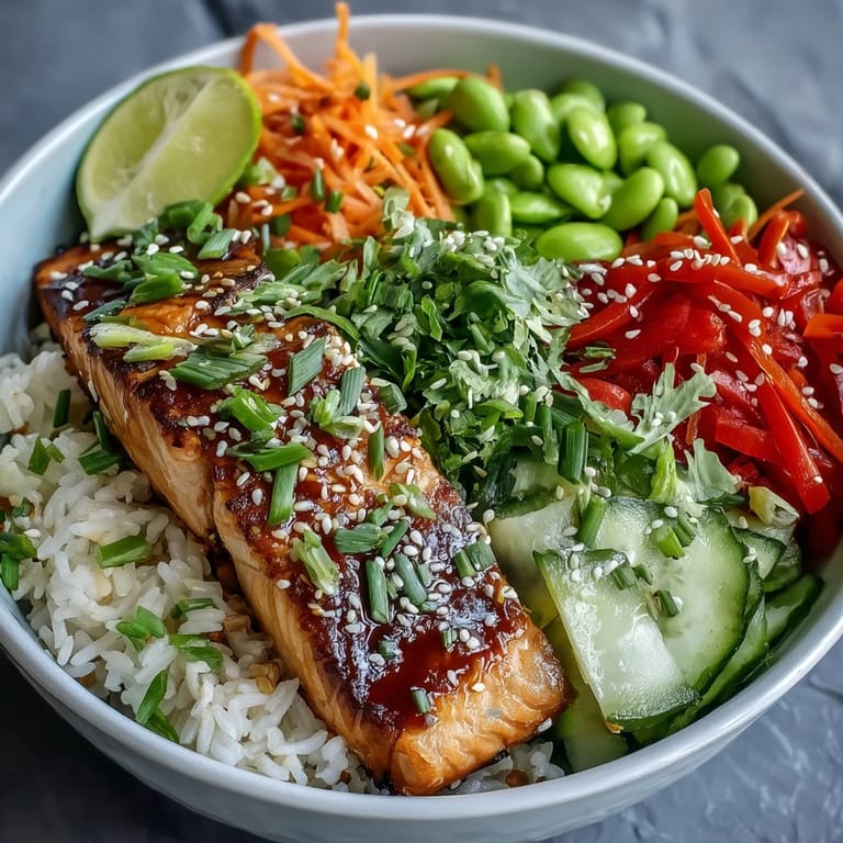 Soy-ginger glazed salmon served over fluffy jasmine rice with crisp carrot, cucumber, and bell pepper, topped with edamame and sesame seeds.  