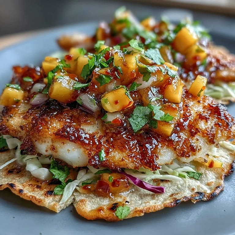 Golden-seared tilapia layered with sweet mango salsa and crunchy cabbage in soft corn tortillas.  