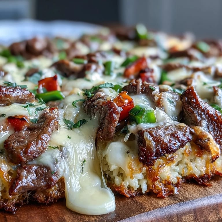 Savory Keto Philly Cheesesteak Casserole with Cauliflower Rice - Hearty beef, sautéed peppers, onions, and gooey cheese baked over a flavorful cauliflower rice crust.
