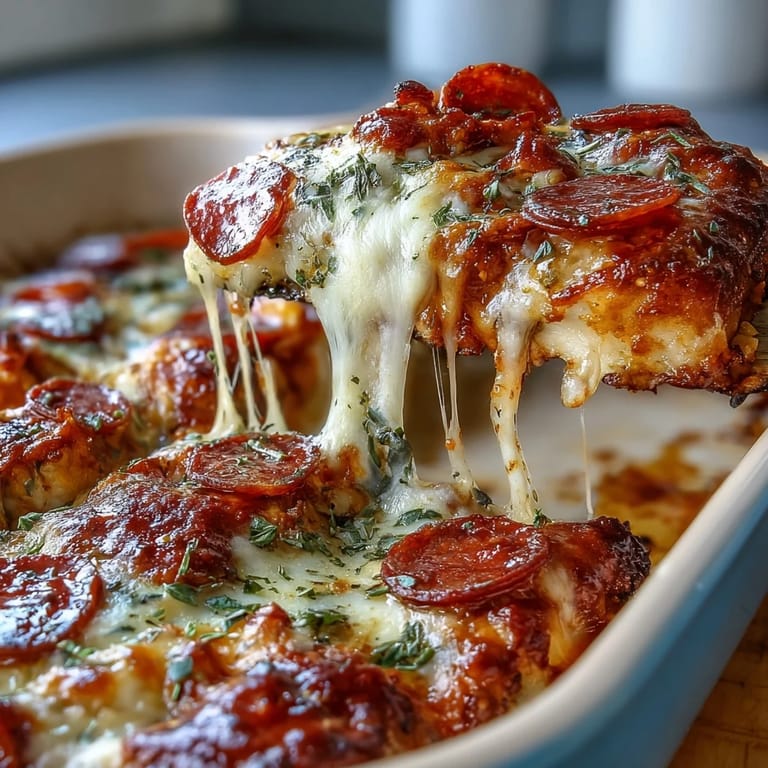 Low-carb pizza casserole with juicy chicken, marinara sauce, and gooey cheese.  