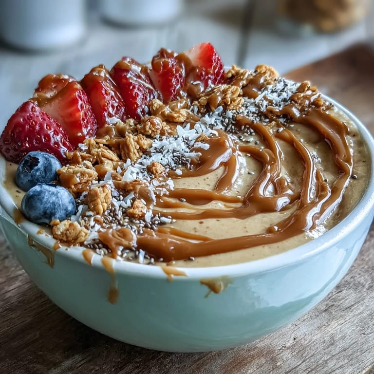 Wholesome plant-based smoothie bowl with frozen bananas, peanut butter, and protein powder, garnished with sliced fruit and crunchy granola.  