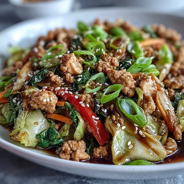 Light and filling cabbage and turkey stir-fry served hot with sesame seeds and green onions.
