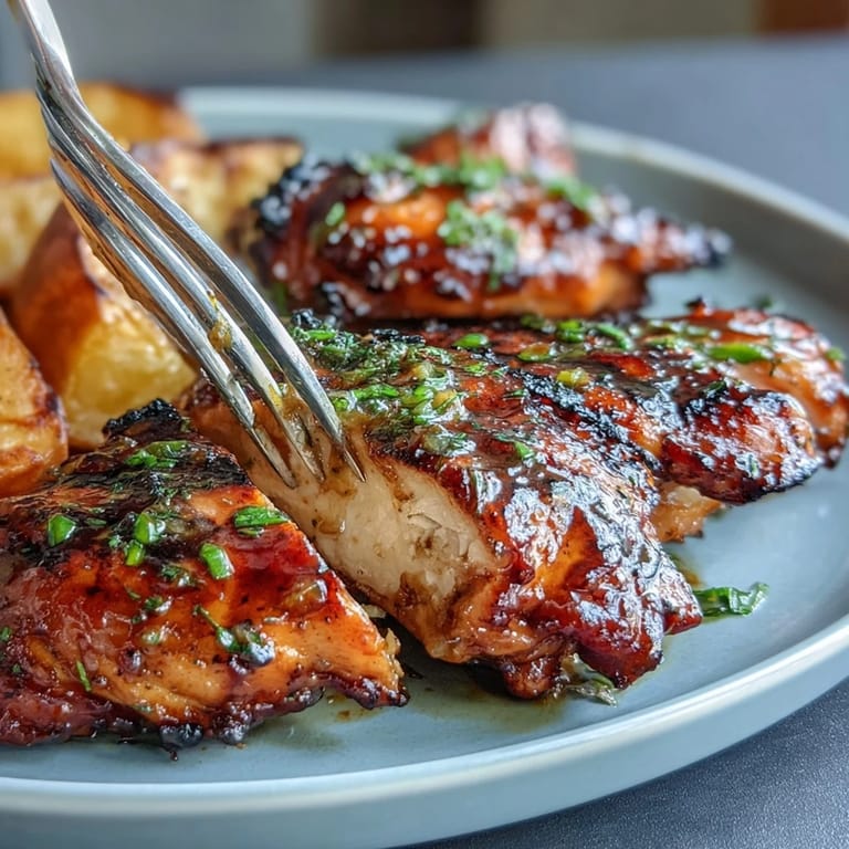 A close-up of tender honey mustard chicken breasts with caramelized edges, paired with crispy roasted sweet potato wedges.  