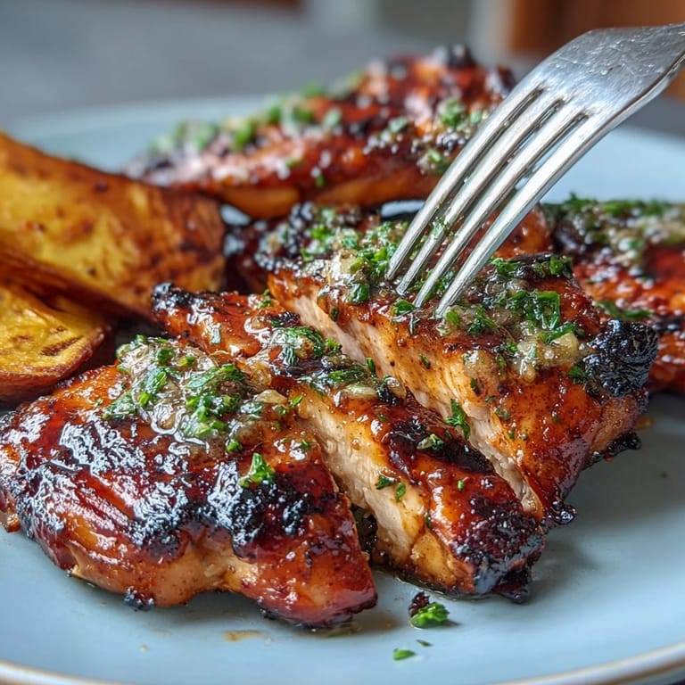 Grilled honey mustard chicken with smoky sweet potato wedges, garnished with fresh parsley for a vibrant and wholesome dinner.