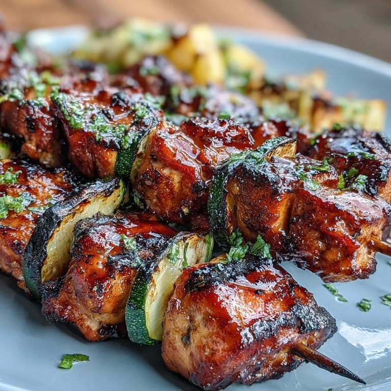 Zesty honey-lime marinated chicken skewers, grilled with zucchini and pineapple, offering a colorful and flavorful summer meal.