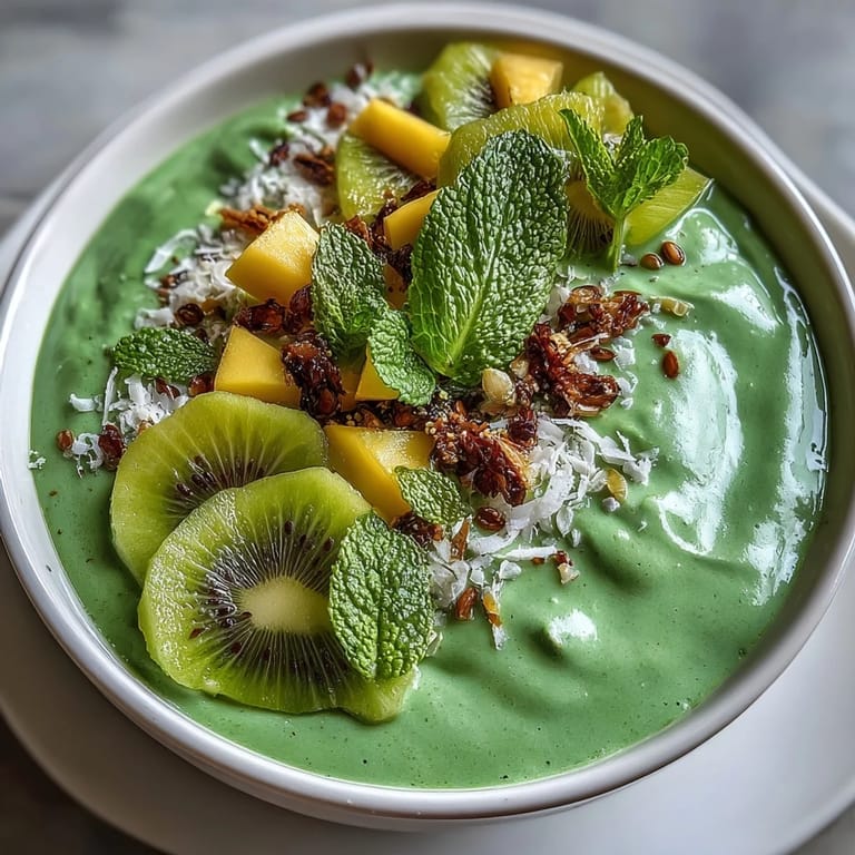 This refreshing green smoothie bowl blends mango, pineapple, and coconut milk, topped with kiwi and granola.  