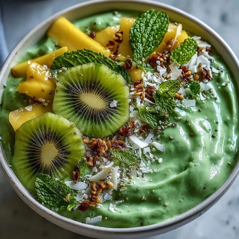 A nourishing vegan breakfast featuring a creamy tropical smoothie base with chia-mango topping and fresh fruit.