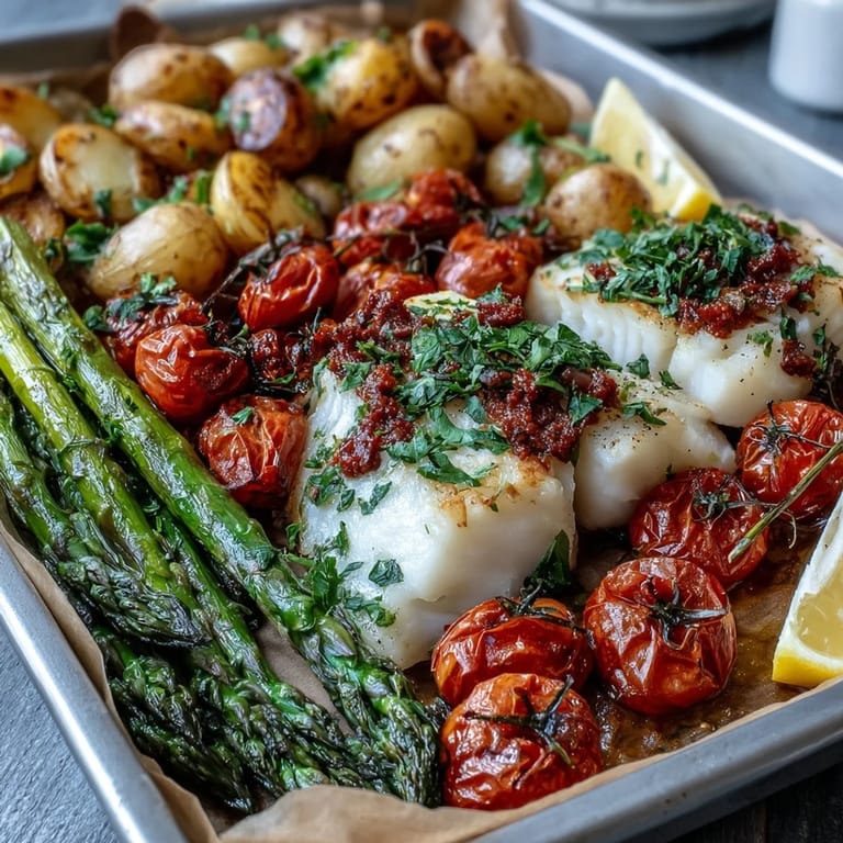 Flaky cod fillets seasoned with garlic, lemon, and fresh herbs, paired with tender asparagus and juicy roasted cherry tomatoes for a healthy meal.